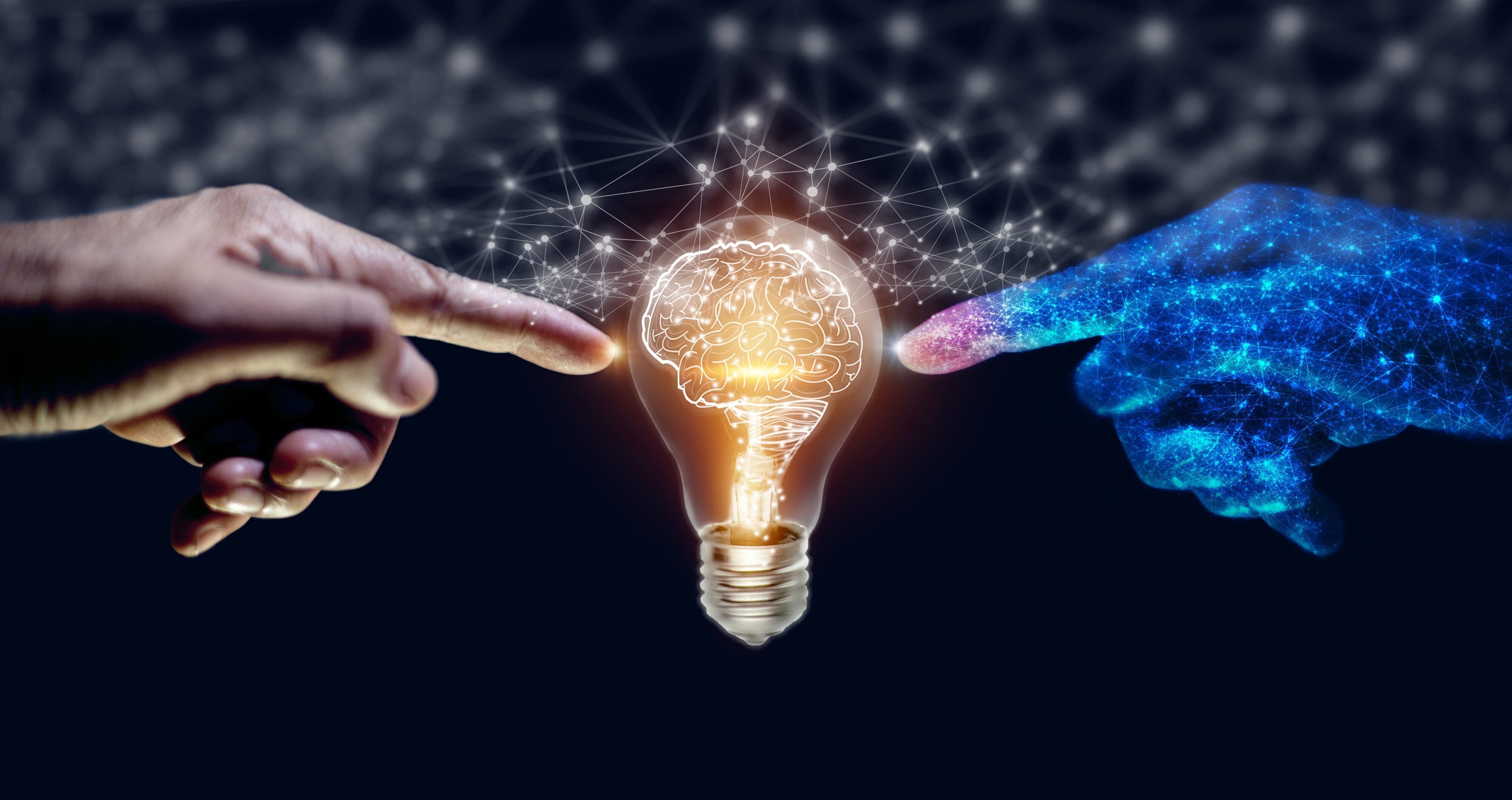 Artificial intelligence (AI) Machine Learning, robot and human hands touching on big data network connection background, science and technology artificial intelligence, innovation and futuristic.